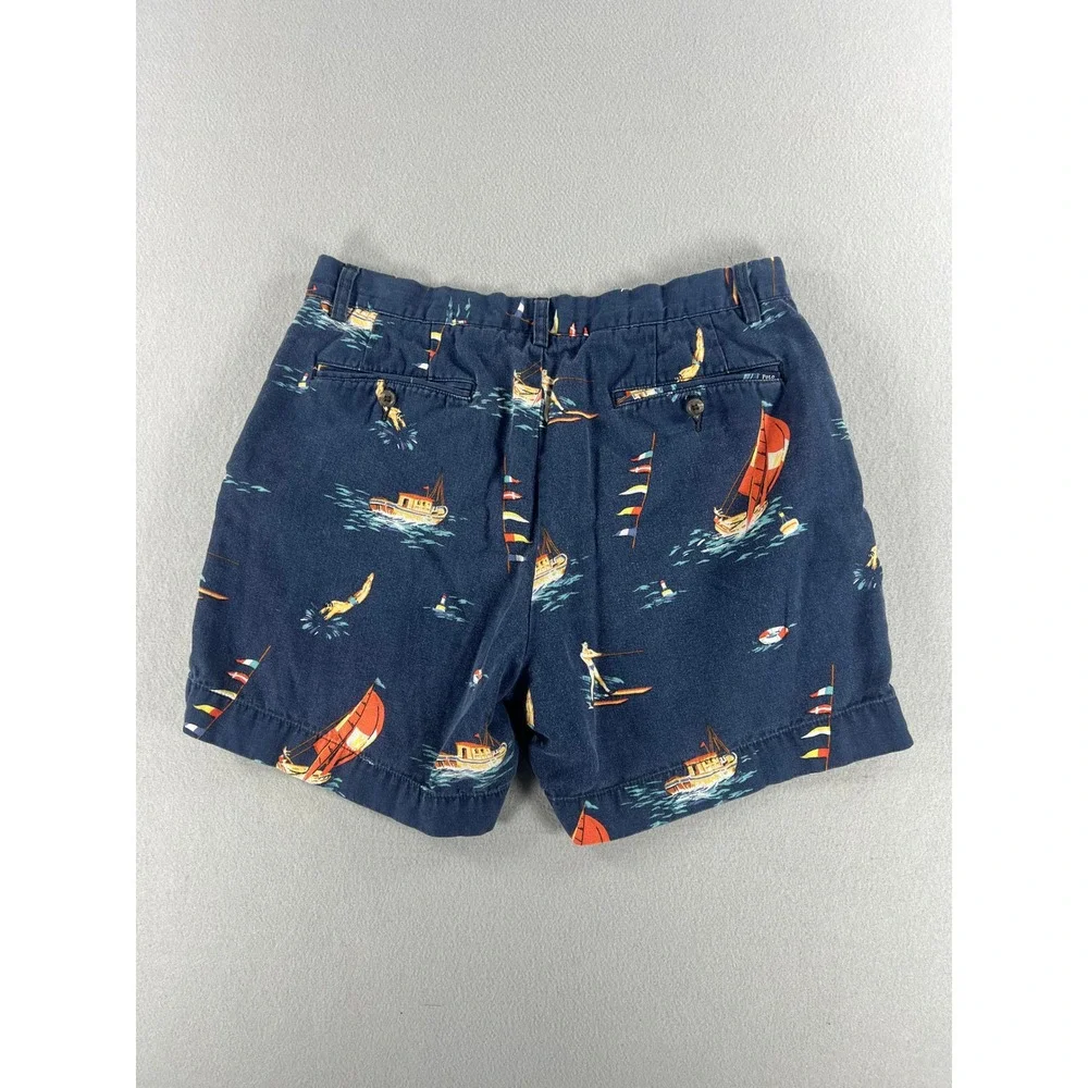 Polo Ralph Lauren Chino Shorts 33 Navy Nautical Sailboat Water Ski Linen Blend